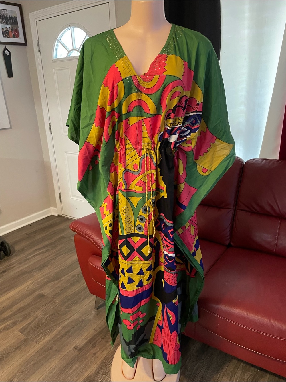 One size fits most Vibrant Multicolor Bohemian Kaftan Dress - Green Base